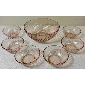 Vintage Arcoroc France Pink Large Glass Bowl 9” & 6 Small Serving Bowls 5”